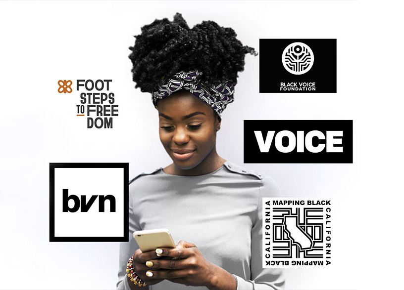 Mission artwork featuring a young woman using a phone and Voice Media Ventures program identities