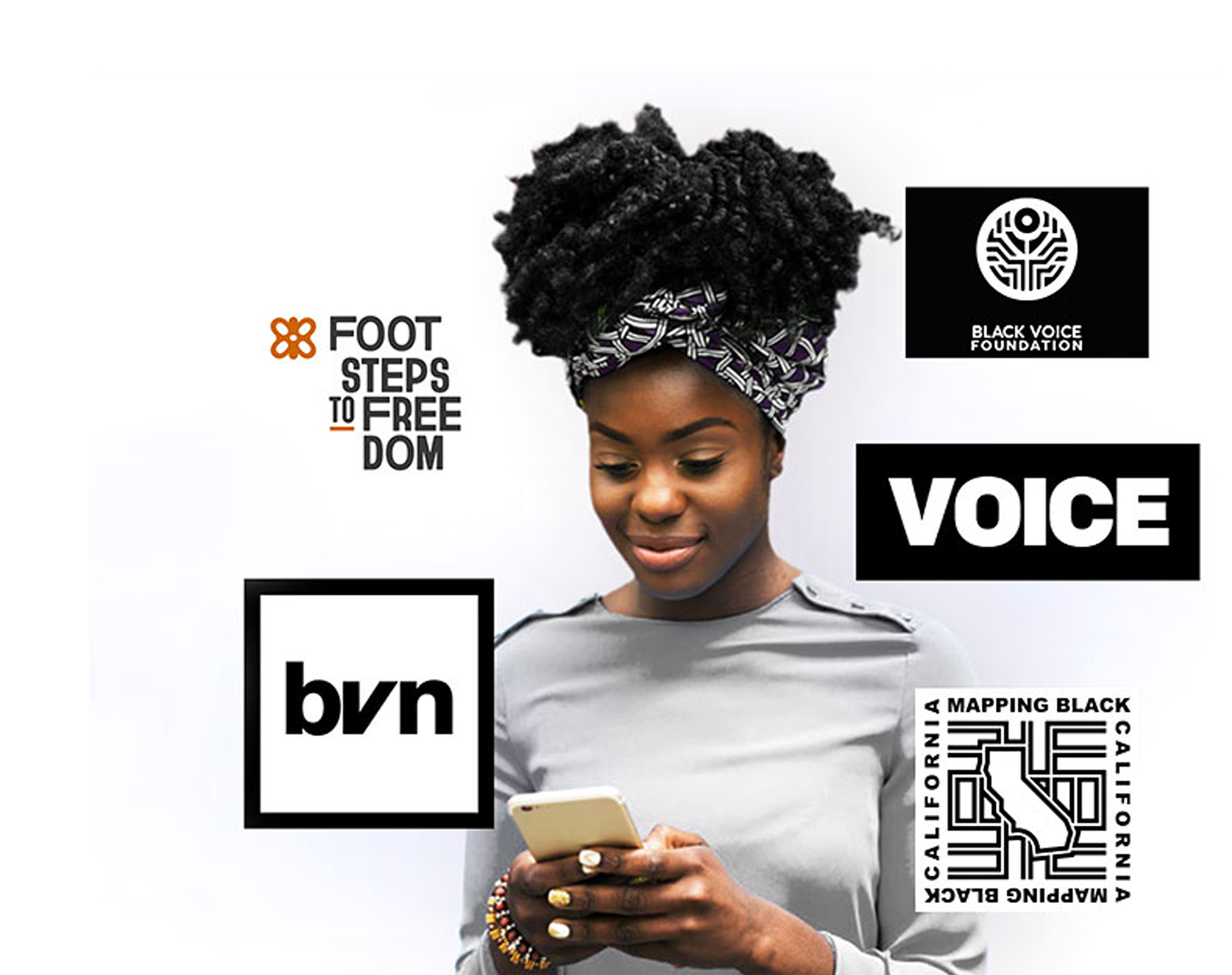 Mission artwork featuring a young woman using a phone and Voice Media Ventures program identities
