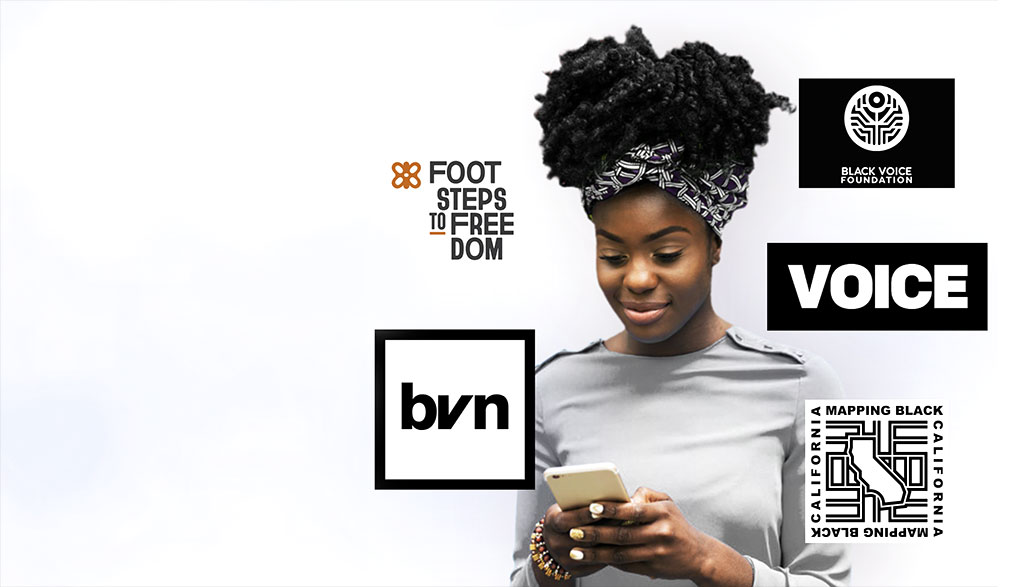 Mission artwork featuring a young woman using a phone and Voice Media Ventures program identities