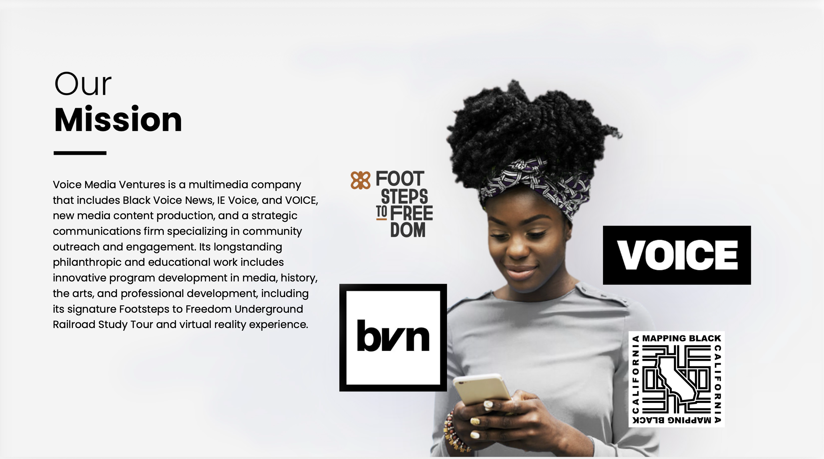 Mission artwork featuring a young woman using a phone and Voice Media Ventures program identities